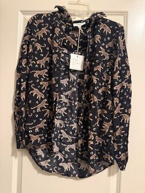 beachlunchlounge Leopard Print Button-Up Blouse in Black and Tan